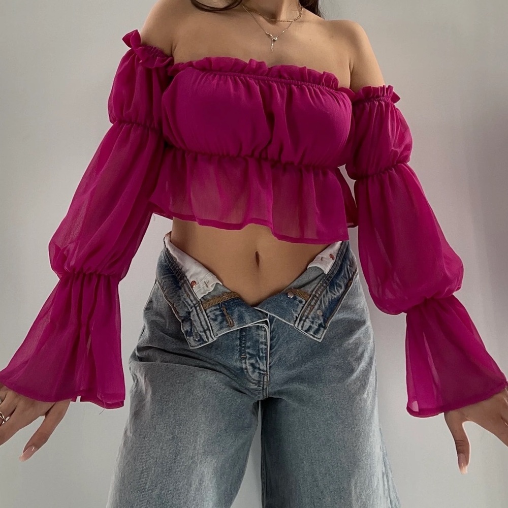 Fashion Nova | Fuchsia Pink Off Shoulder Ruffle Crop